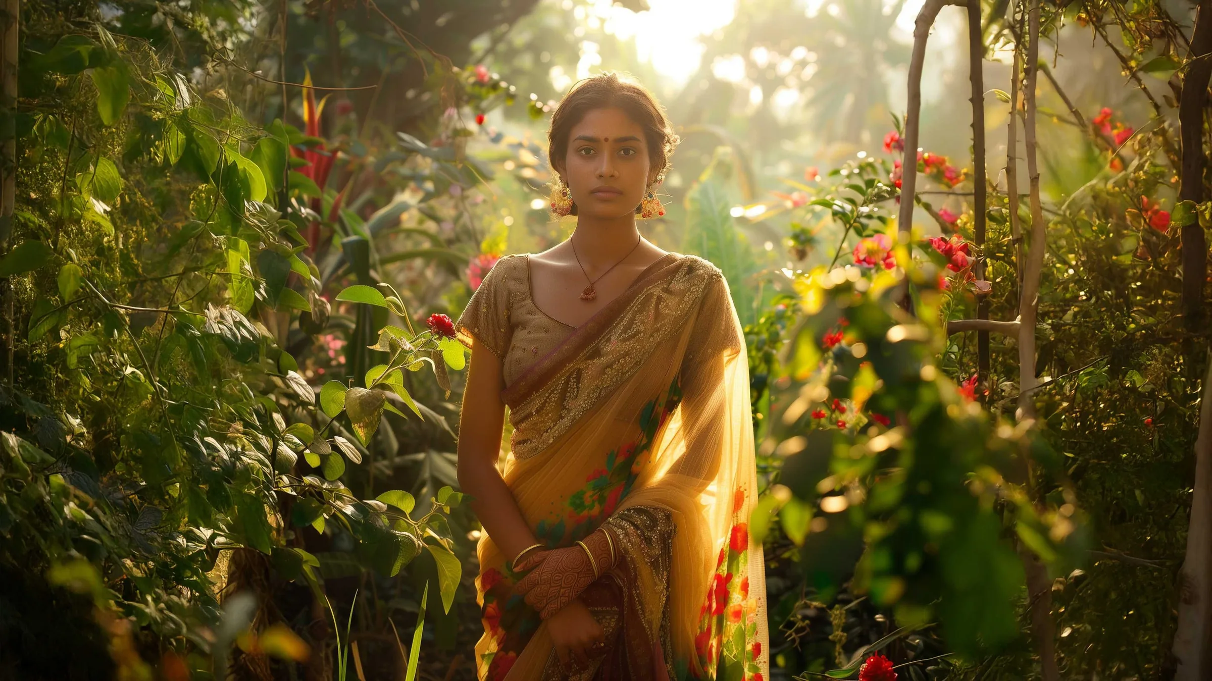 A woman in a mustard gold embroidered saree in a sunlit garden