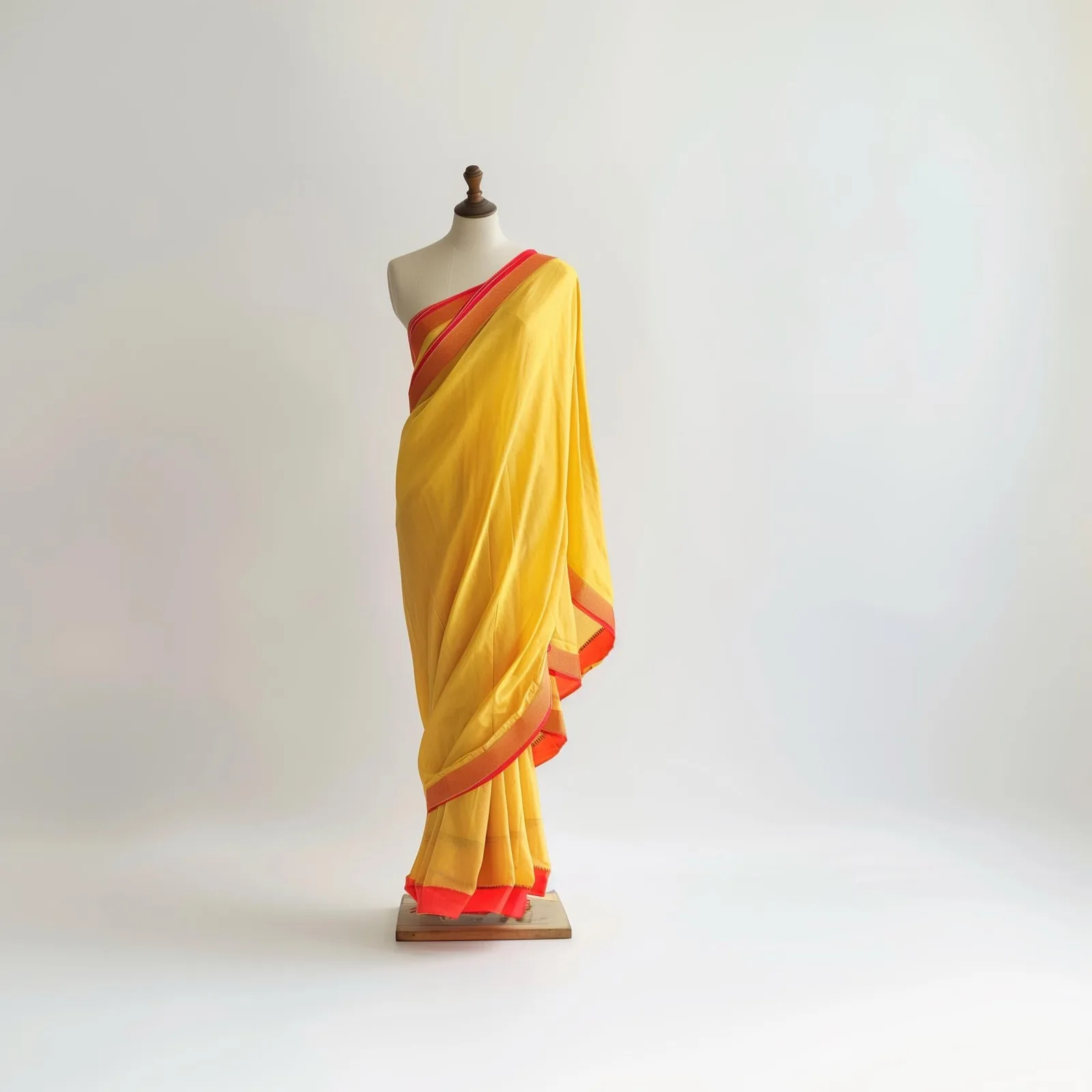 Yellow saree with a red and gold border on a mannequin